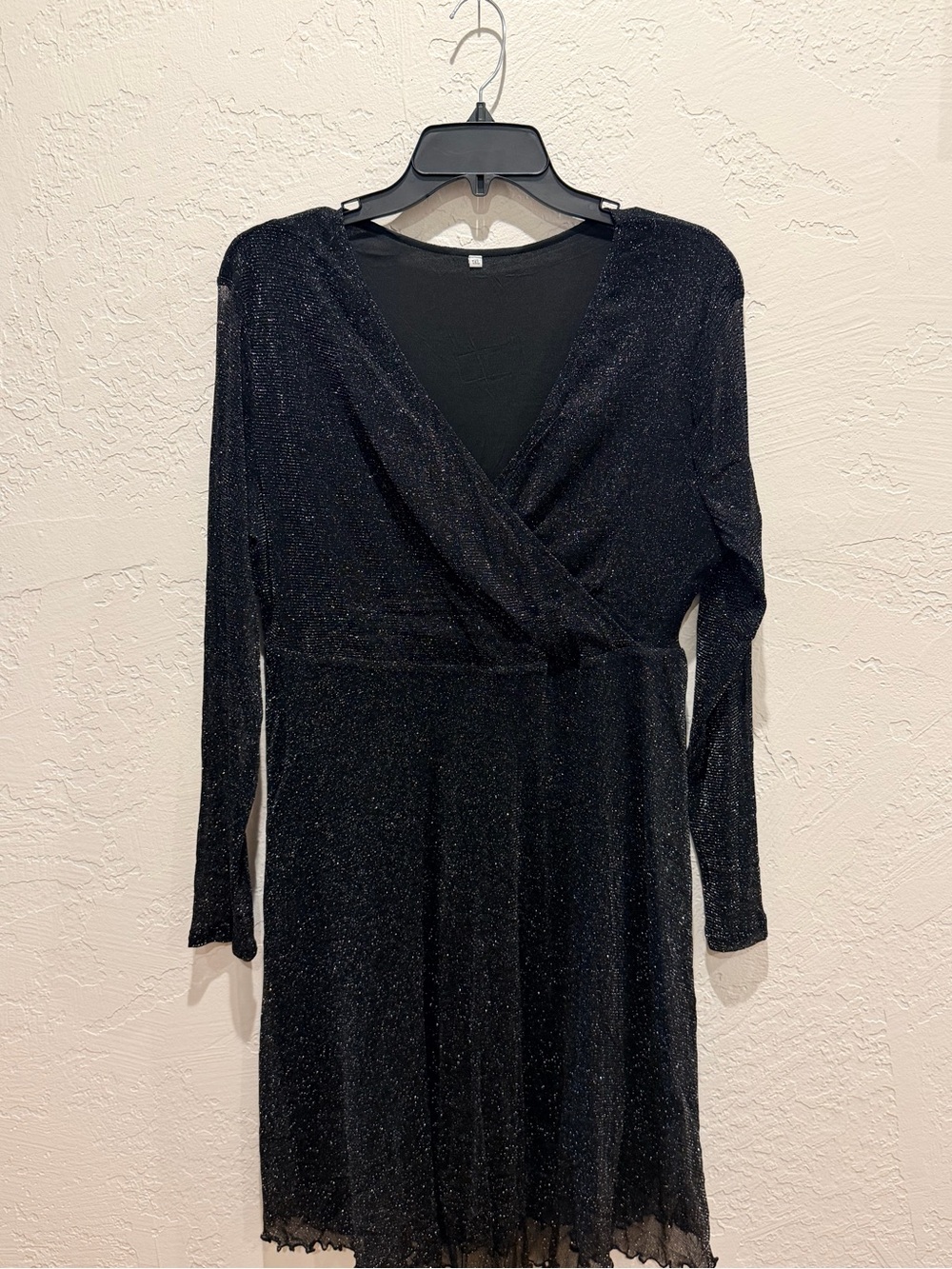 Black Sparkle Wrap-Front Long Sleeve Dress